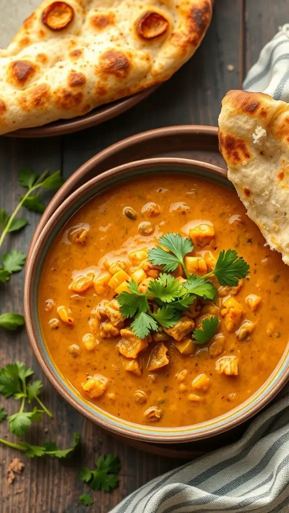 A bowl of Coconut Curry Lentil Soup garnished with cilantro, served with naan bread.