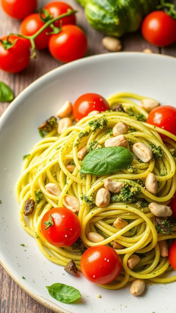 A plate of zucchini noodles with pesto, cherry tomatoes, and peanuts on a wooden table.