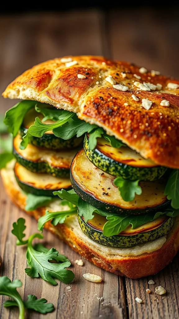 A delicious zucchini and pesto sandwich stacked with grilled zucchini and fresh arugula on a wooden table.