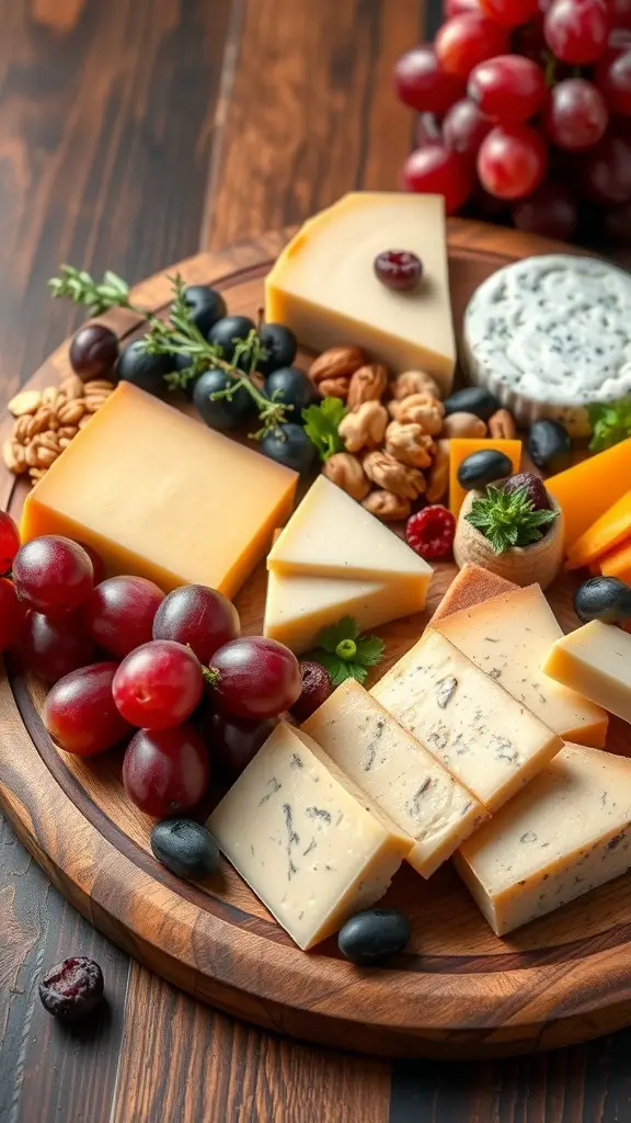 A beautifully arranged fruit and cheese platter featuring grapes, various cheeses, nuts, and herbs on a wooden board.