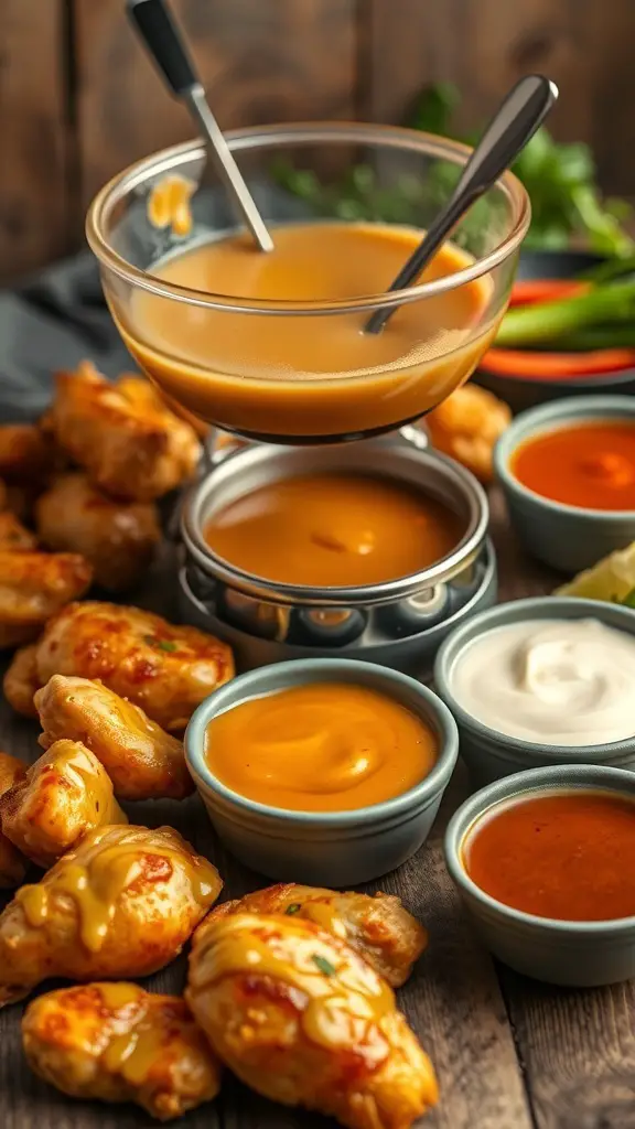 A delicious spread of honey mustard glazed chicken fondue with various dipping sauces.