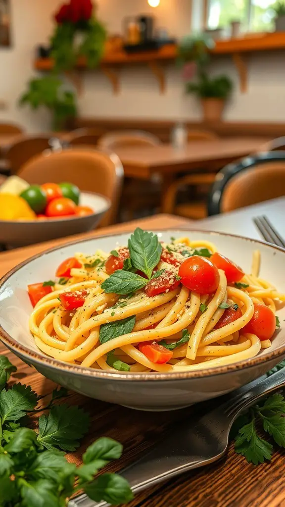 A plate of Pasta Primavera with fresh vegetables, garnished with basil.