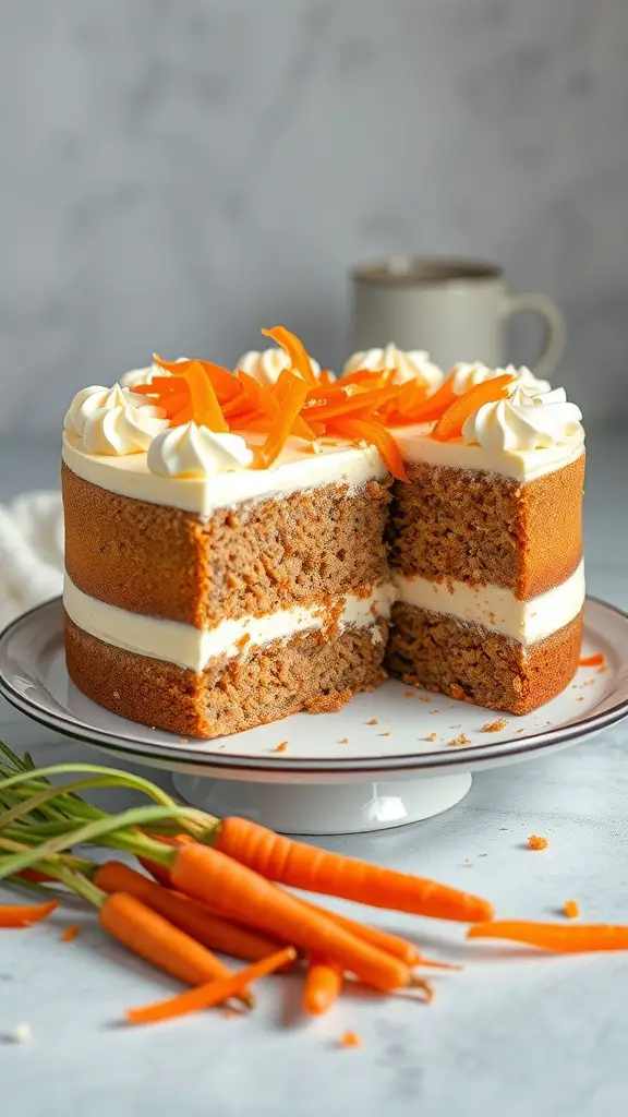 A sliced carrot cake cheesecake with cream cheese frosting and carrot decorations.