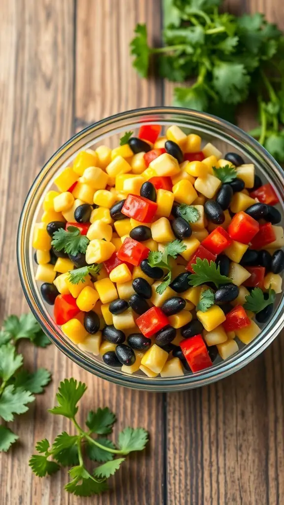 A bowl of colorful corn and black bean salad with cilantro on a wooden table.