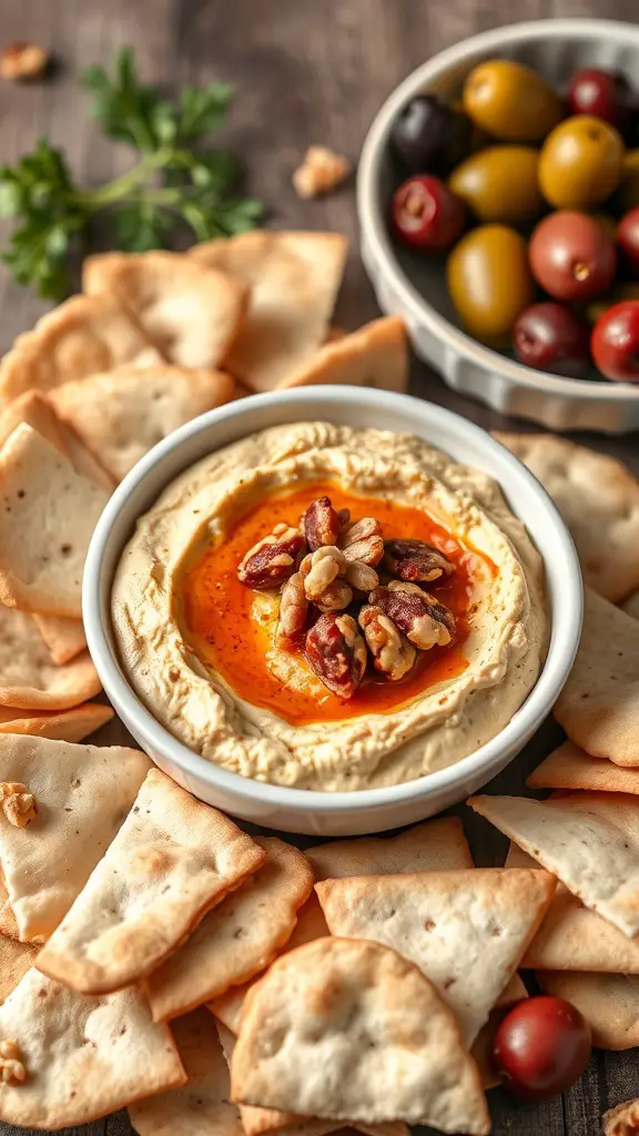 A bowl of roasted red pepper and walnut dip surrounded by pita chips and olives