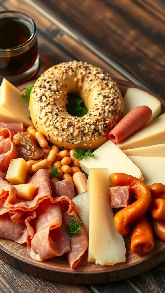 A charcuterie board featuring a sesame bagel, assorted meats, cheeses, and a drink.