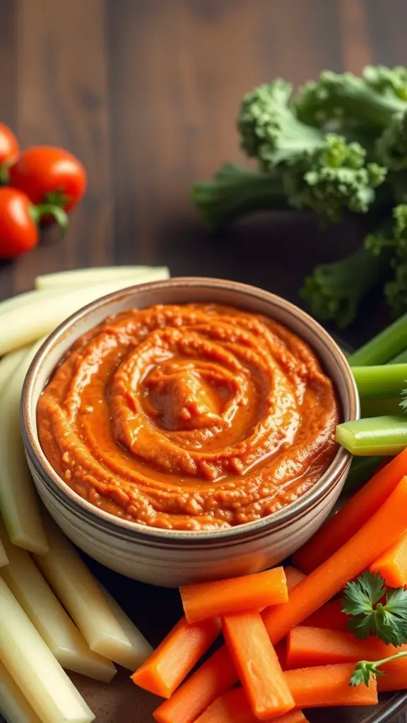 A bowl of roasted red pepper hummus surrounded by fresh vegetables like celery, carrots, and broccoli.
