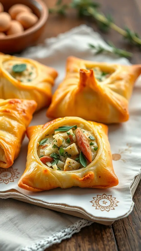 Golden-brown herbed cheese stuffed puff pastries on a decorative plate