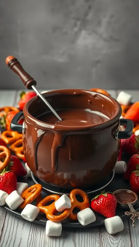 A pot of rich chocolate fondue surrounded by strawberries, pretzels, and marshmallows.