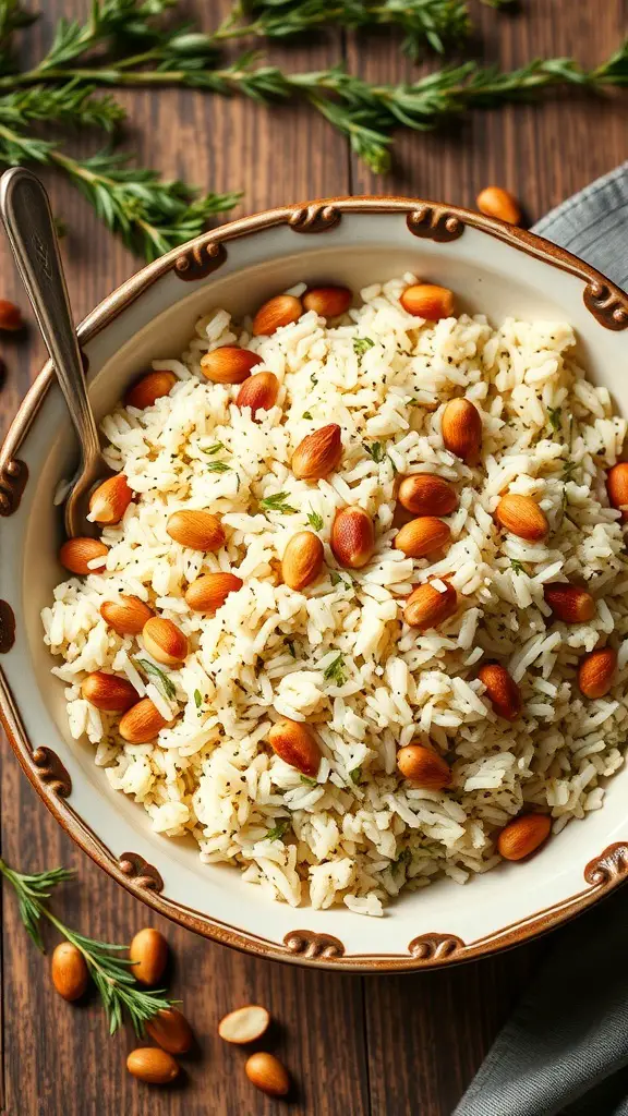 Bowl of Herbed Rice Pilaf with Pine Nuts garnished with herbs and nuts