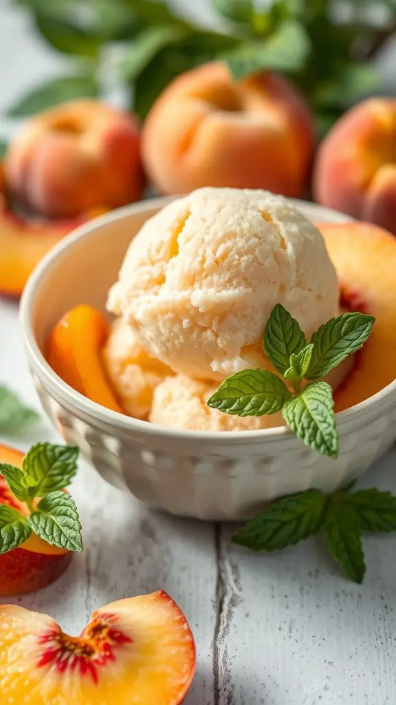 Bowl of peach sorbet with fresh peaches and mint leaves