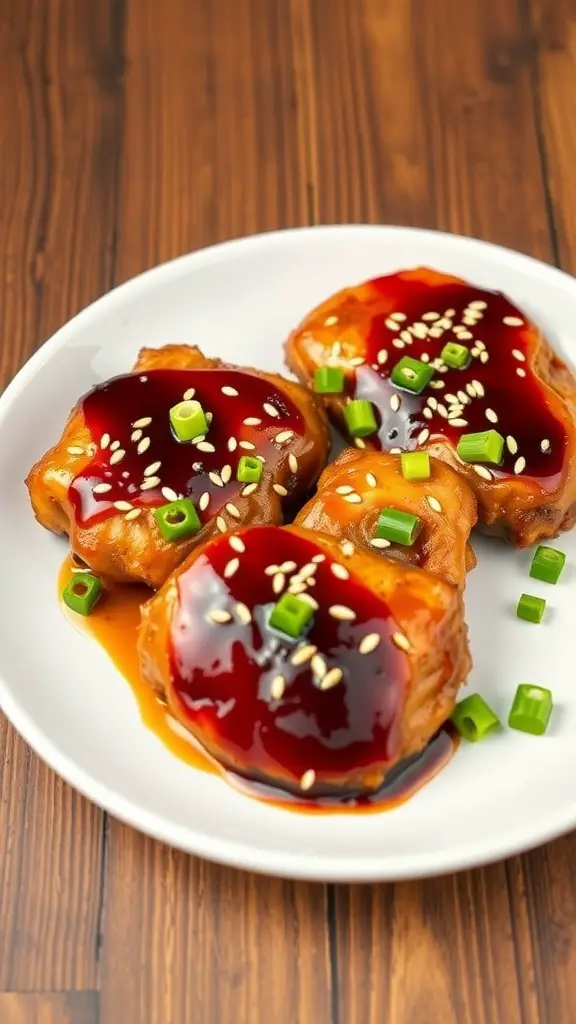 Honey soy glazed chicken thighs on a white plate, garnished with green onions and sesame seeds.