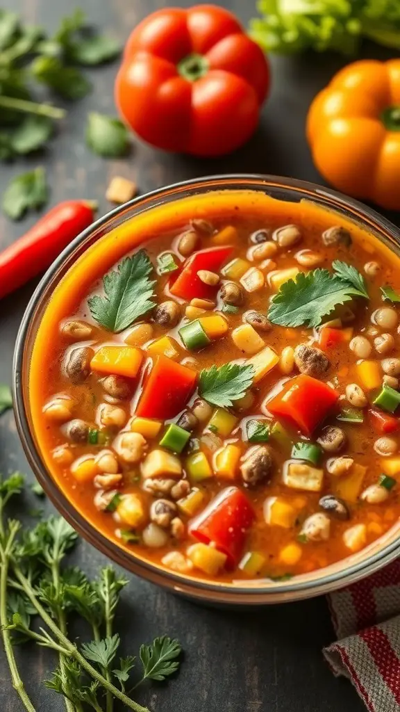 A bowl of colorful vegetarian lentil soup with fresh vegetables and herbs