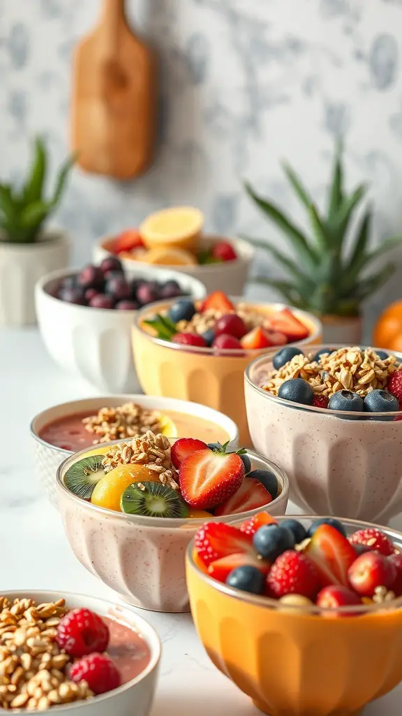 A colorful smoothie bowl station with various bowls filled with smoothie bases and fresh fruit toppings.