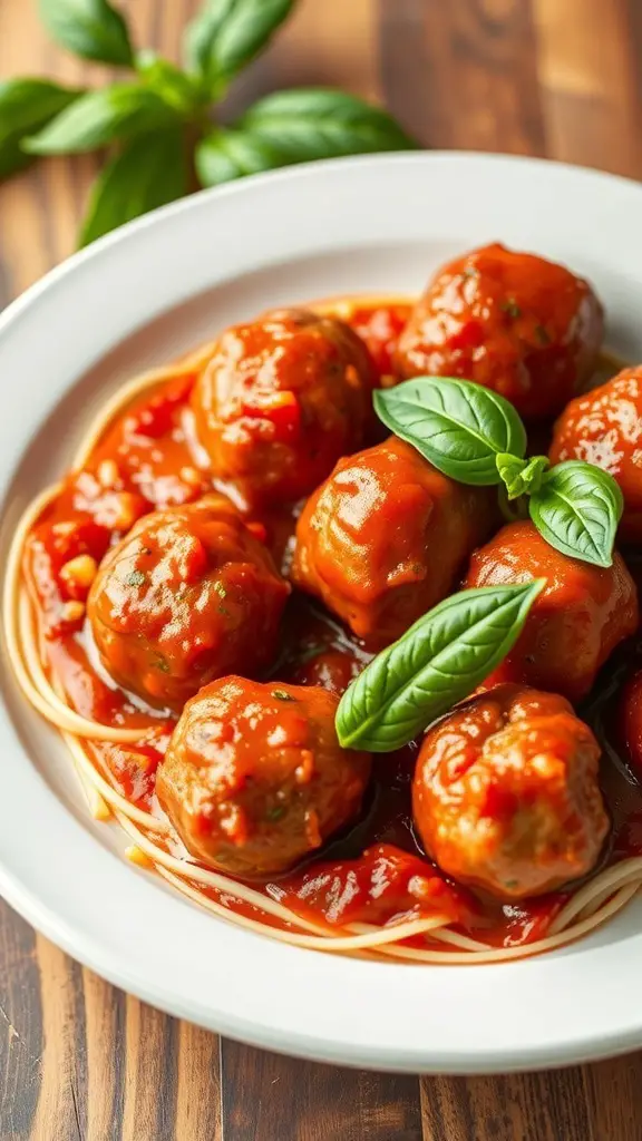 A plate of meatballs in marinara sauce with fresh basil on top, served over spaghetti.