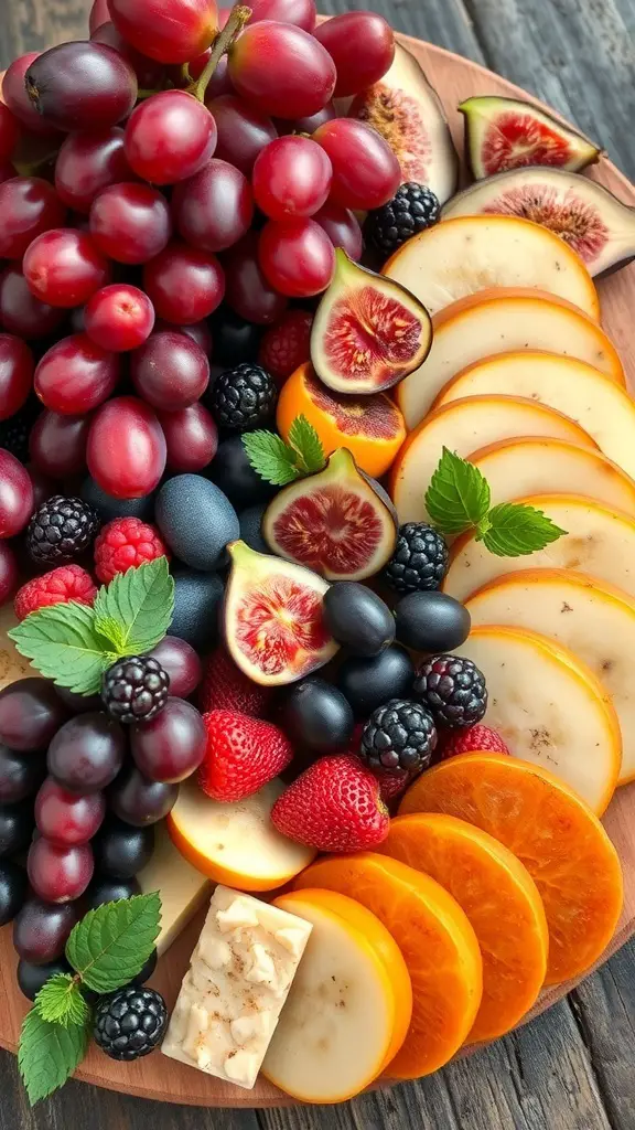 A vibrant charcuterie board featuring fresh seasonal fruits like grapes, figs, strawberries, and persimmons.