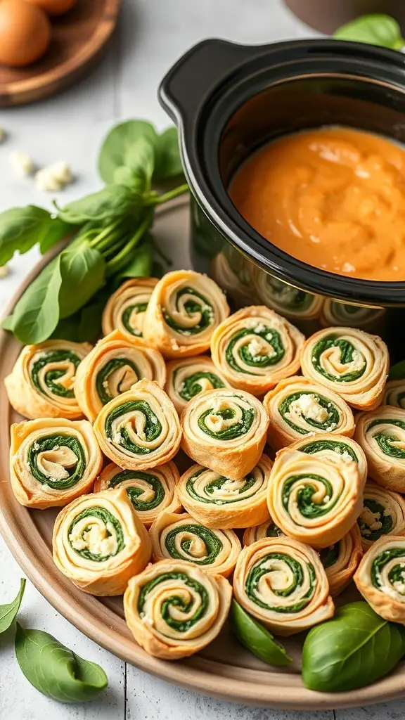 A platter of savory spinach and feta pinwheels with a bowl of cheese dip