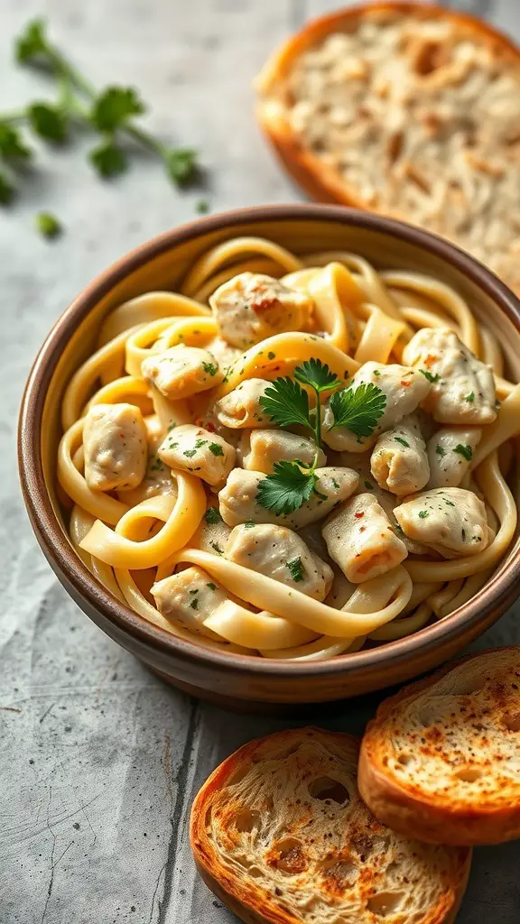 A bowl of creamy garlic chicken pasta with fettuccine, chicken pieces, and herbs, accompanied by toasted bread.