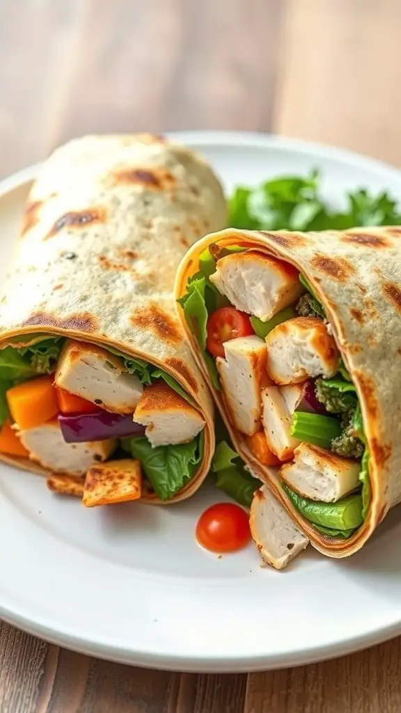 A grilled chicken and veggie wrap cut in half, showcasing colorful ingredients like chicken, lettuce, and peppers.