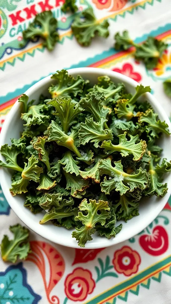 A bowl of crispy kale chips on a colorful patterned tablecloth.
