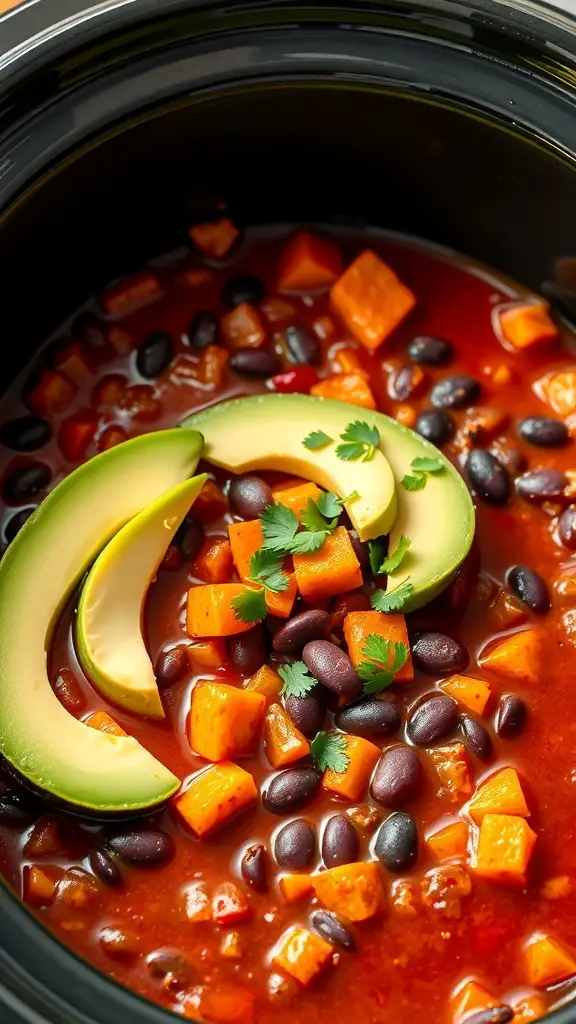A bowl of Sweet Potato and Black Bean Chili with avocado slices and cilantro on top