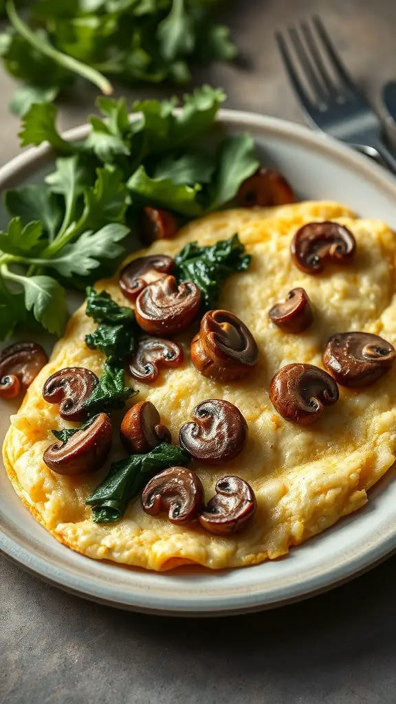 A delicious mushroom and spinach omelette served on a plate with fresh greens.
