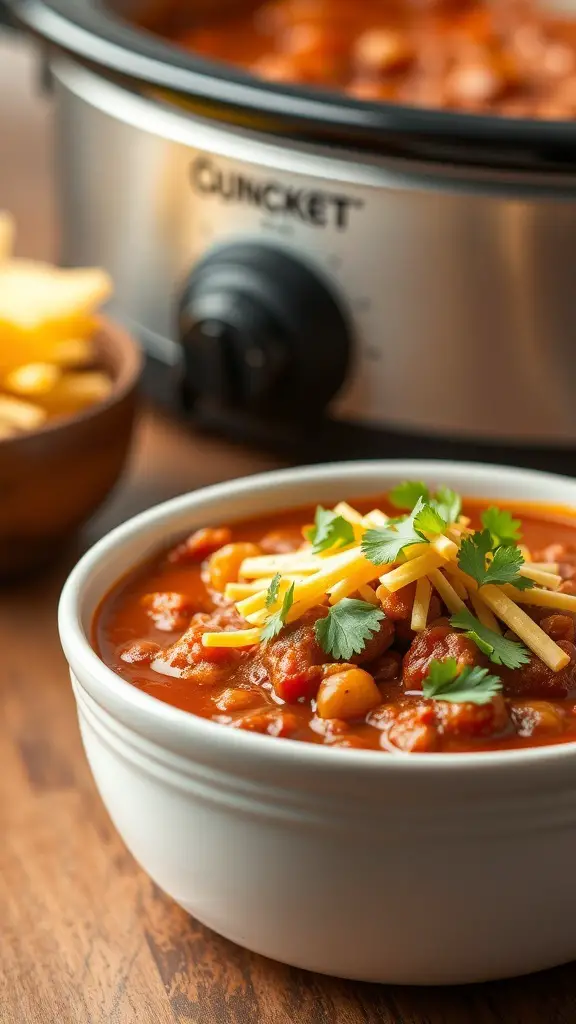 A bowl of chili con carne topped with cheese and cilantro, with a crockpot in the background.