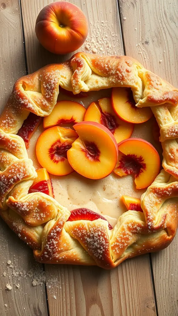 A rustic peach galette made with puff pastry, featuring sliced peaches and a sprinkle of sugar on a wooden surface.