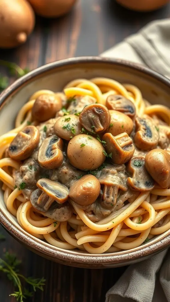 A bowl of vegan mushroom stroganoff with spaghetti and mushrooms in a creamy sauce, garnished with herbs.