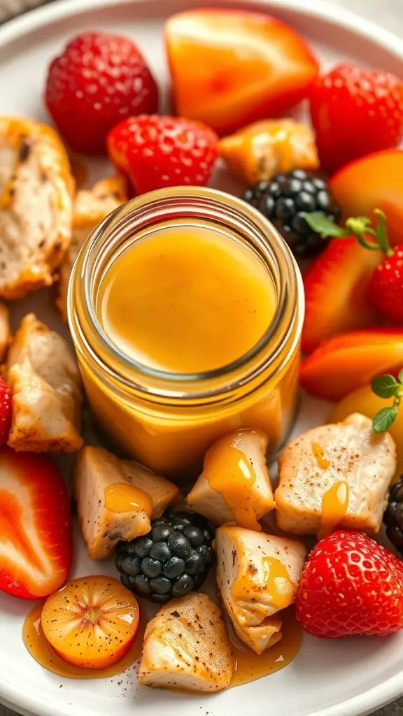 A jar of sweet honey mustard glaze surrounded by fresh fruits and grilled chicken pieces.