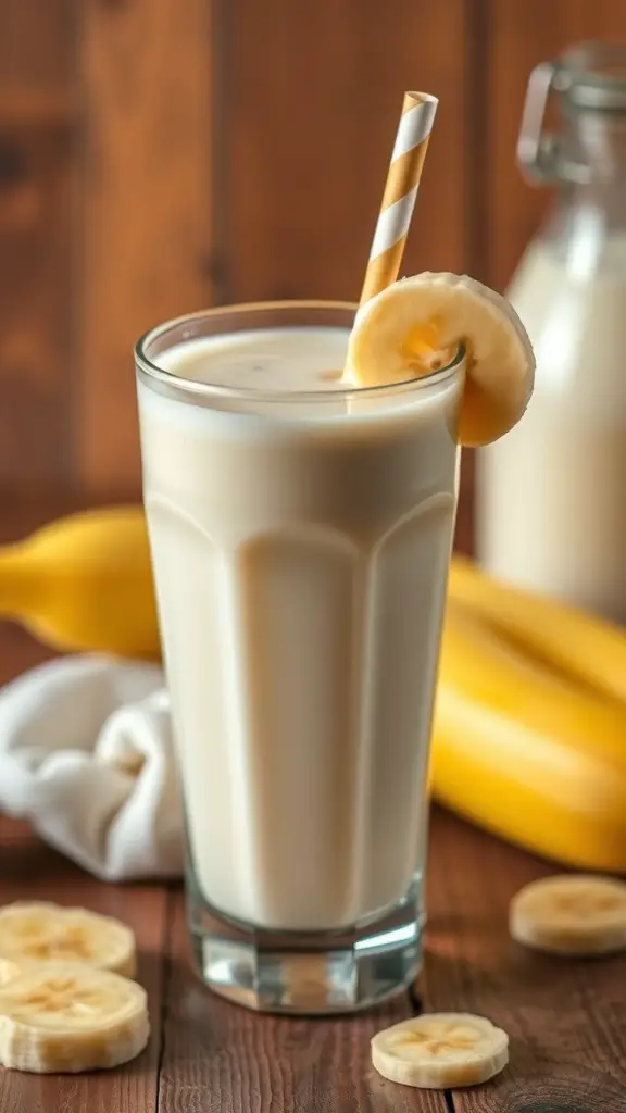 A glass of banana condensed milk smoothie with a slice of banana on the rim and a striped straw, surrounded by fresh bananas.