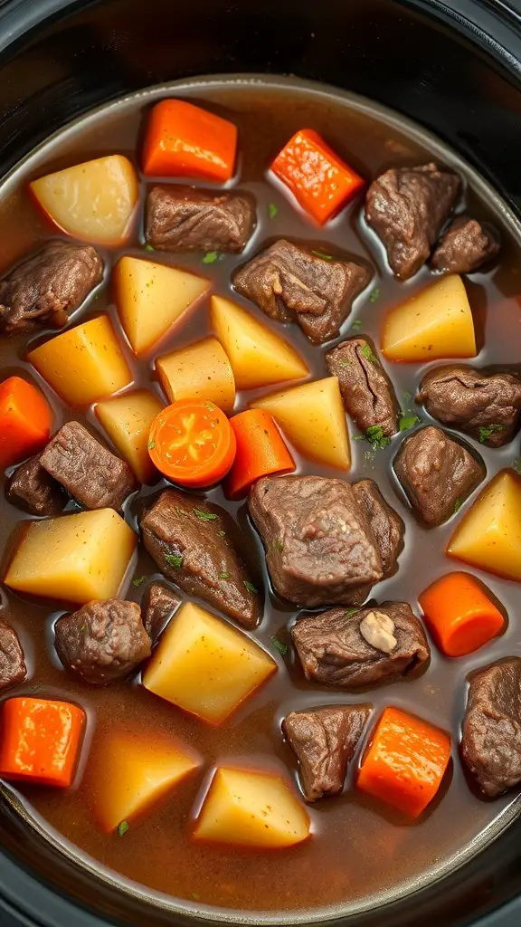 A close-up of beef stew with root vegetables in a crockpot.