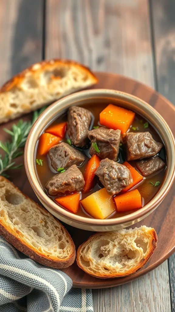 A bowl of classic beef stew with chunks of beef, carrots, and potatoes, served with slices of bread.
