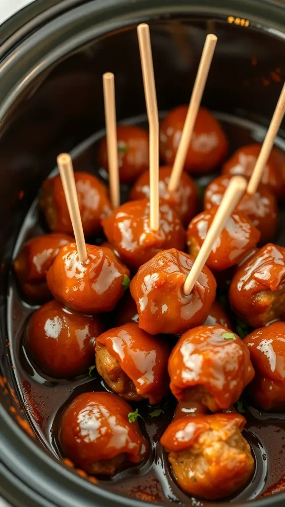 A slow cooker filled with sweet and spicy meatballs, skewers inserted for easy serving.