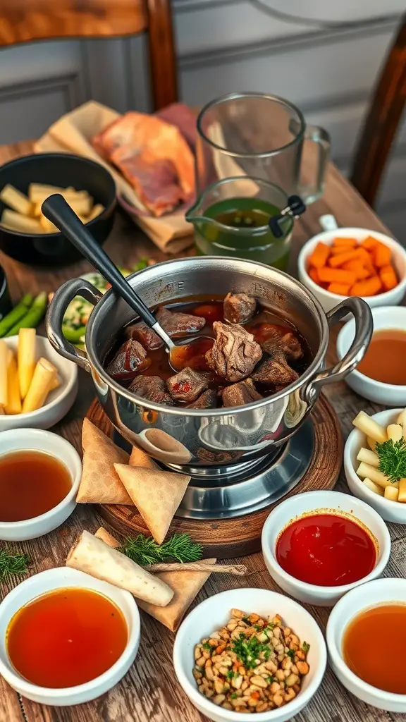 A table set up for beef fondue with a pot of simmering broth, pieces of beef, and various dipping sauces.