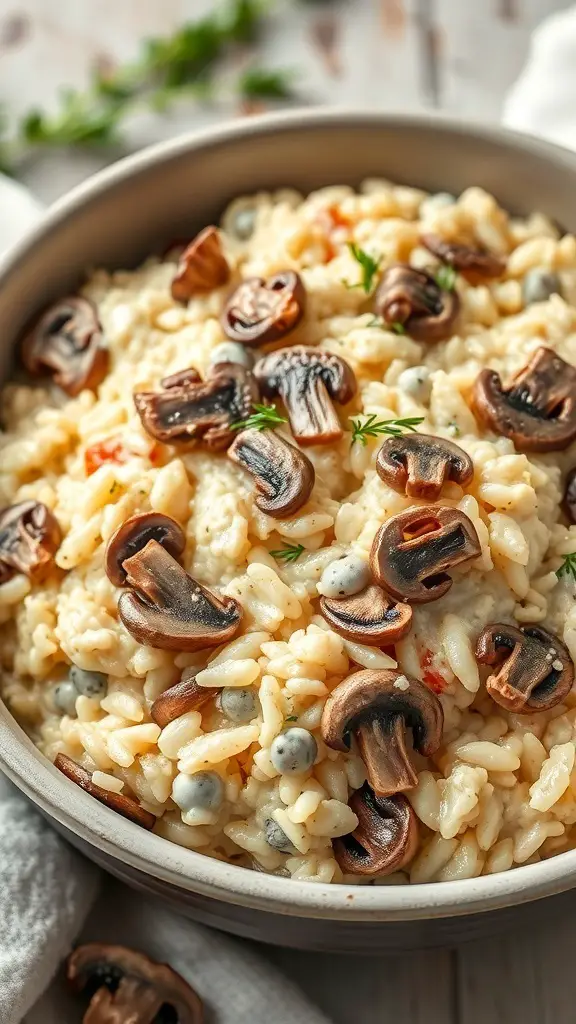 A bowl of creamy mushroom risotto topped with sautéed mushrooms and herbs.