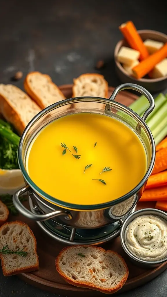 A pot of herb-infused olive oil fondue surrounded by sliced bread, vegetables, and a creamy dip.