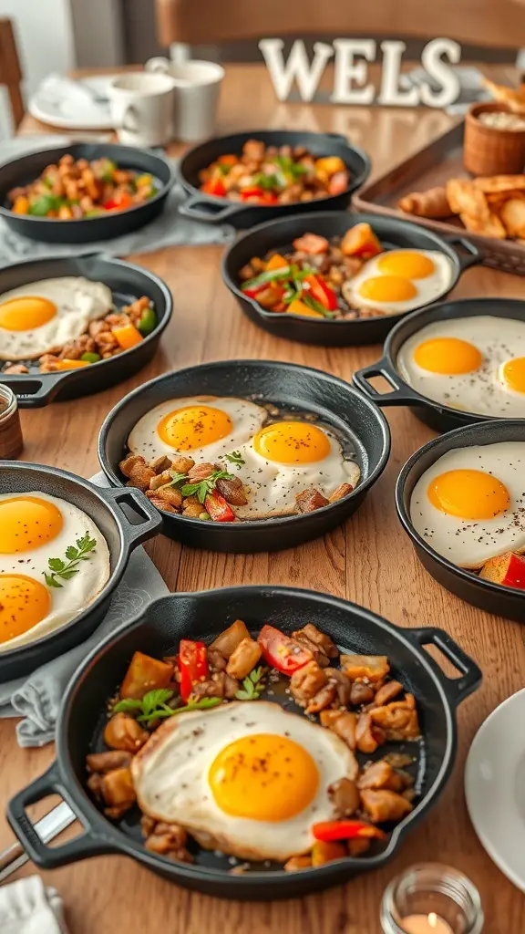 A table set with multiple sizzling breakfast skillets, each containing eggs, vegetables, and meats.