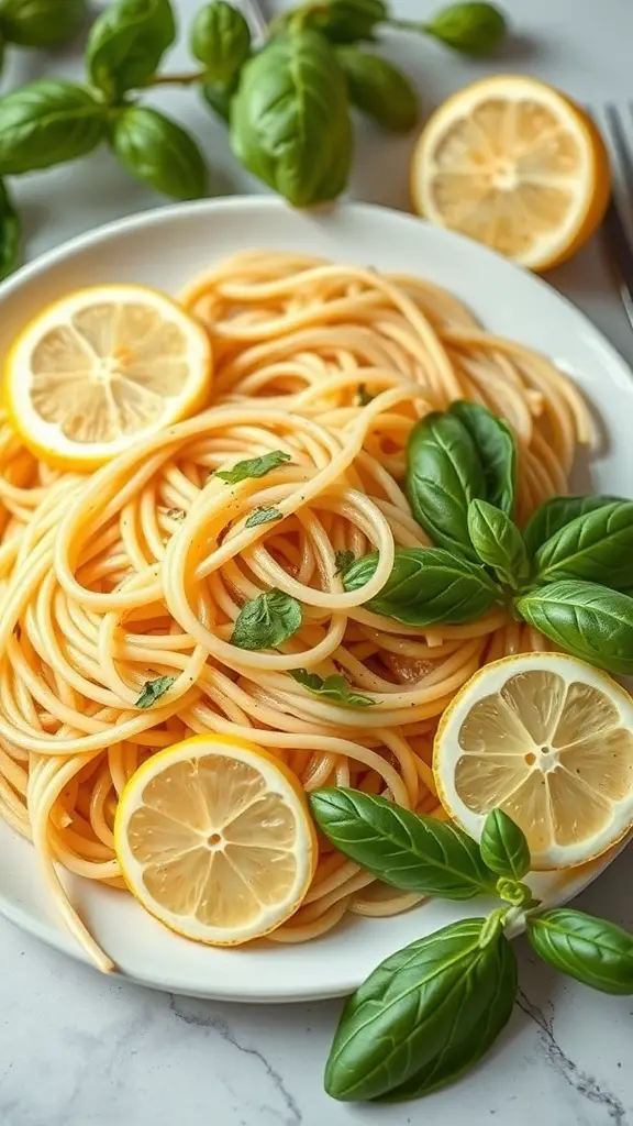 A plate of lemon basil spaghetti garnished with lemon slices and fresh basil leaves.