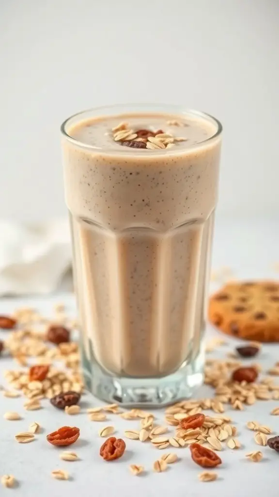 A creamy oatmeal raisin cookie smoothie in a glass, topped with oats and surrounded by oats and raisins.