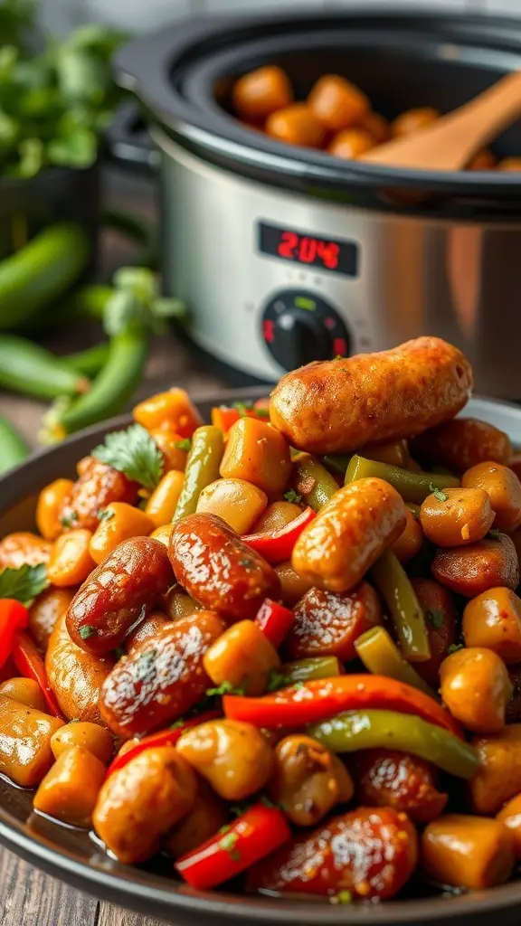A plate of Italian sausage and peppers with a crockpot in the background.