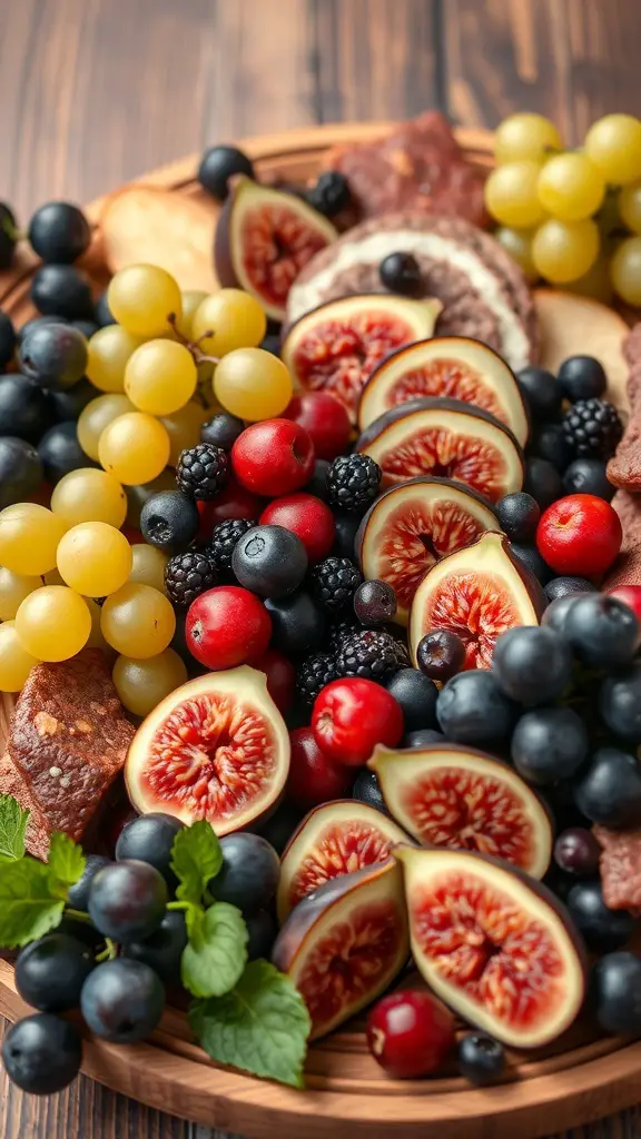 A vibrant charcuterie board featuring fresh fruits like figs, grapes, and cherries, alongside meats and cheeses.