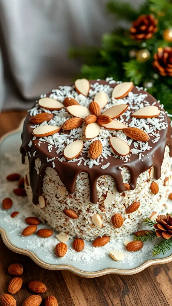 A beautifully decorated Almond Joy Cake topped with chocolate ganache, slivered almonds, and shredded coconut.