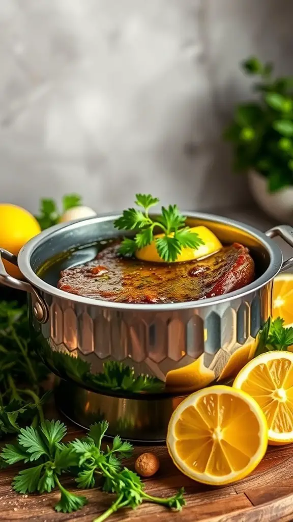 A pot of steak marinated in lemon herb marinade, surrounded by lemon slices and fresh herbs.