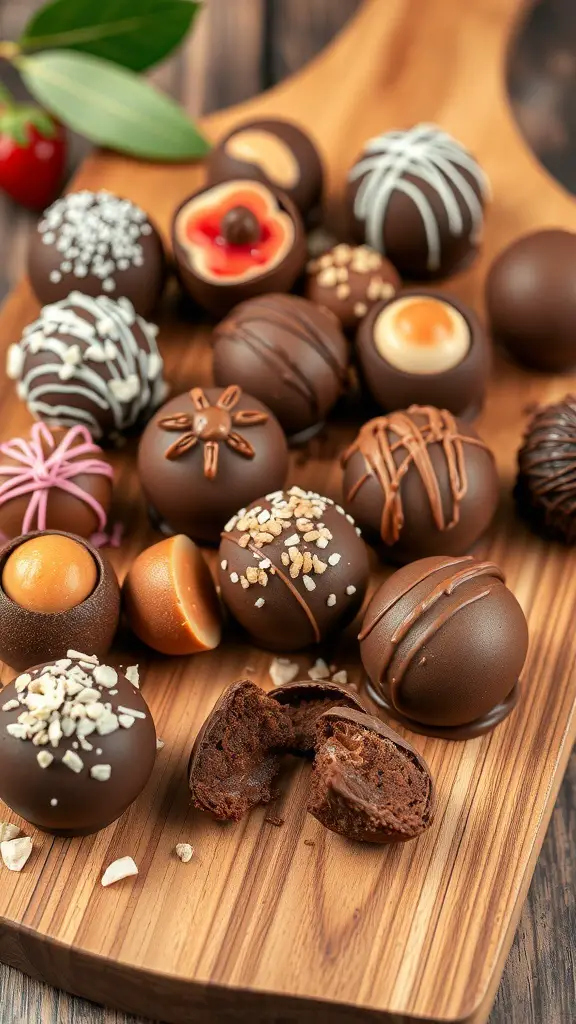 A variety of chocolate truffles with different fillings and toppings displayed on a wooden board.