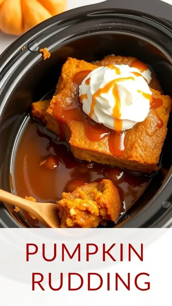 A serving of pumpkin spice bread pudding topped with whipped cream and caramel sauce in a crock pot.