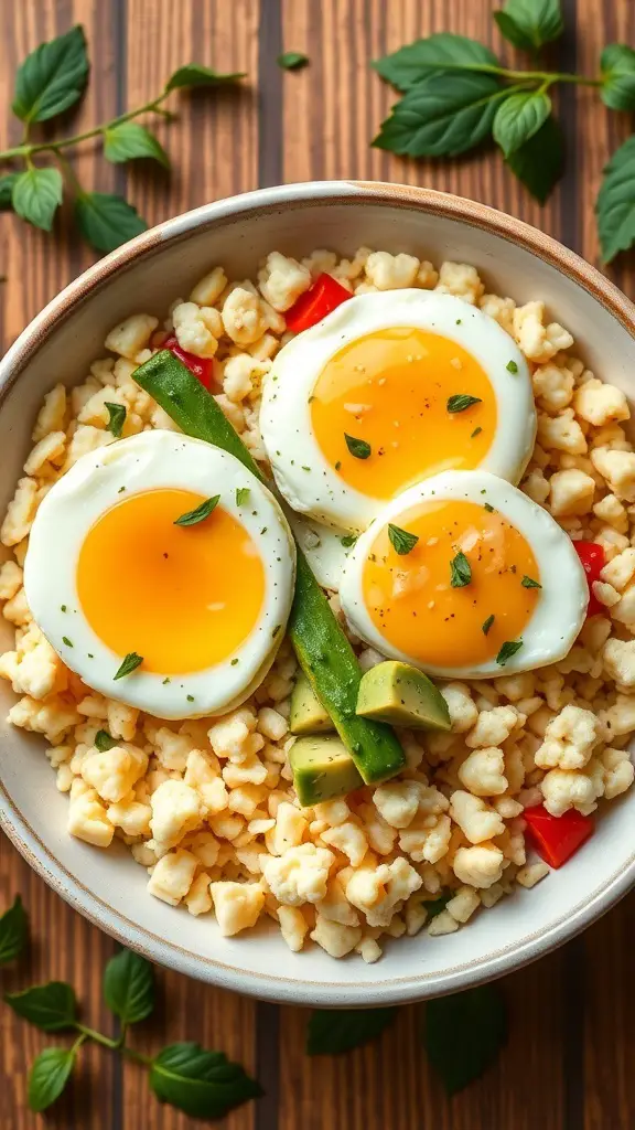 A bowl of cauliflower rice topped with poached eggs, green beans, and red peppers.