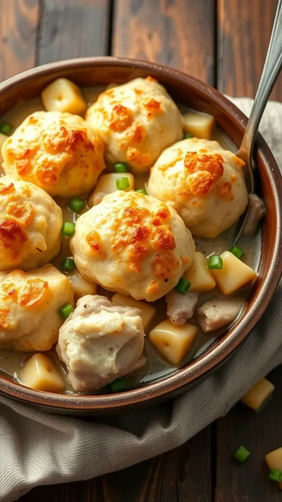 A bowl of Classic Chicken and Dumplings with fluffy dumplings and chicken in creamy broth.