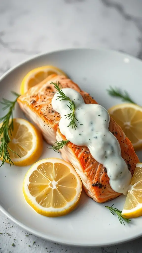 Baked salmon fillet with dill sauce and lemon slices on a plate.