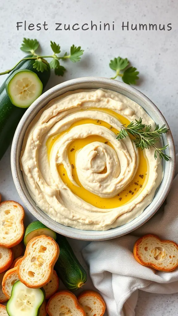 A bowl of zucchini hummus garnished with olive oil and herbs, surrounded by slices of zucchini and crunchy bread.